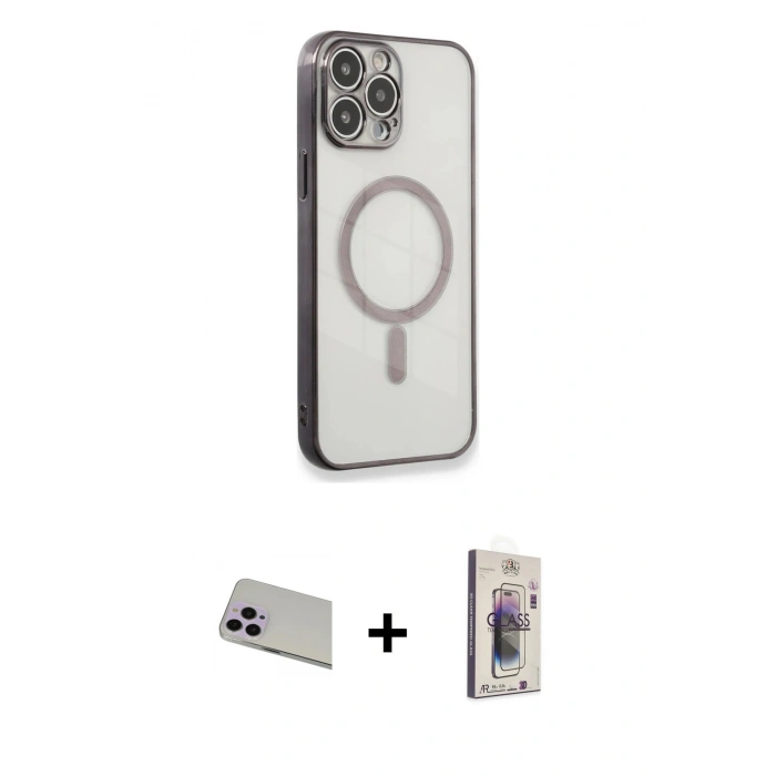 MARSİLYAN™- iPhone 13 Pro Max Kılıf Doruk Minimal - Siyah Bilvis 3D Cam Ekran Koruyucu + Mor Rainbow Kamera Lens Koruma Cam