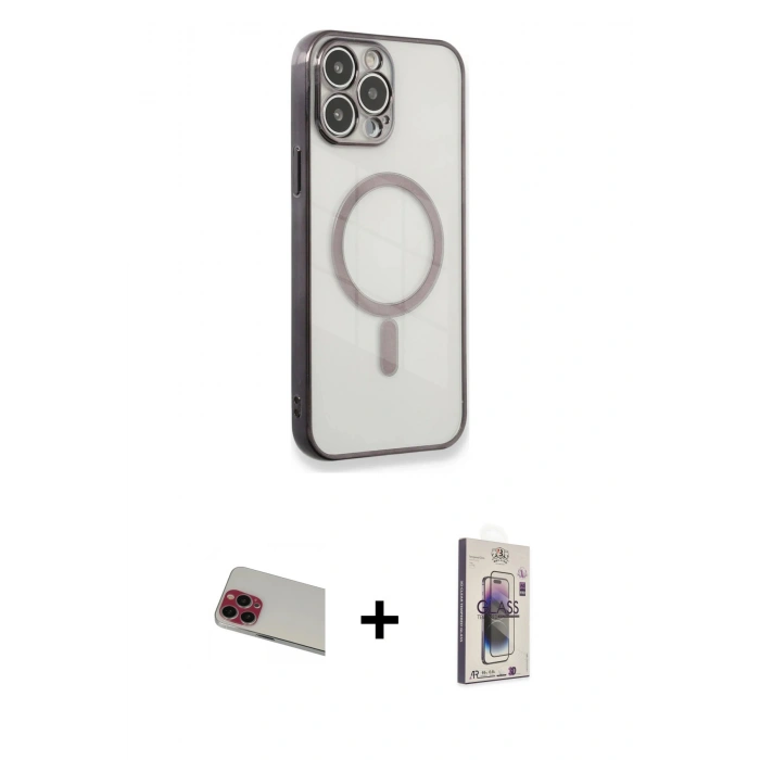 MARSİLYAN™- iPhone 13 Pro Max Kılıf Doruk Minimal - Siyah Bilvis 3D Cam Ekran Koruyucu + Rainbow Kamera Lens Koruma Cam - KI