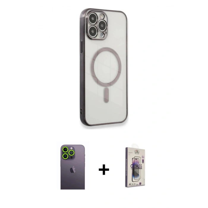 MARSİLYAN™- iPhone 13 Pro Max Kılıf Doruk Minimal - Siyah Bilvis 3D Cam Ekran Koruyucu + Neon Fosforlu Kamera Lens - YL
