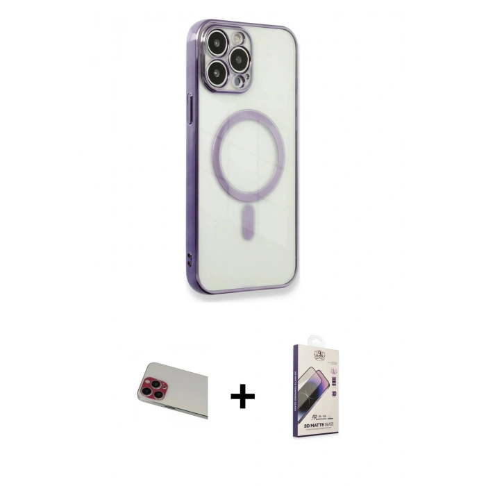 MARSİLYAN™- iPhone 13 Pro Max Kılıf Doruk Minimal - Siyah Bilvis 3D Mat Cam Ekran Koruyucu + Kırmızı Rainbow Kamera Lens Koruma Cam