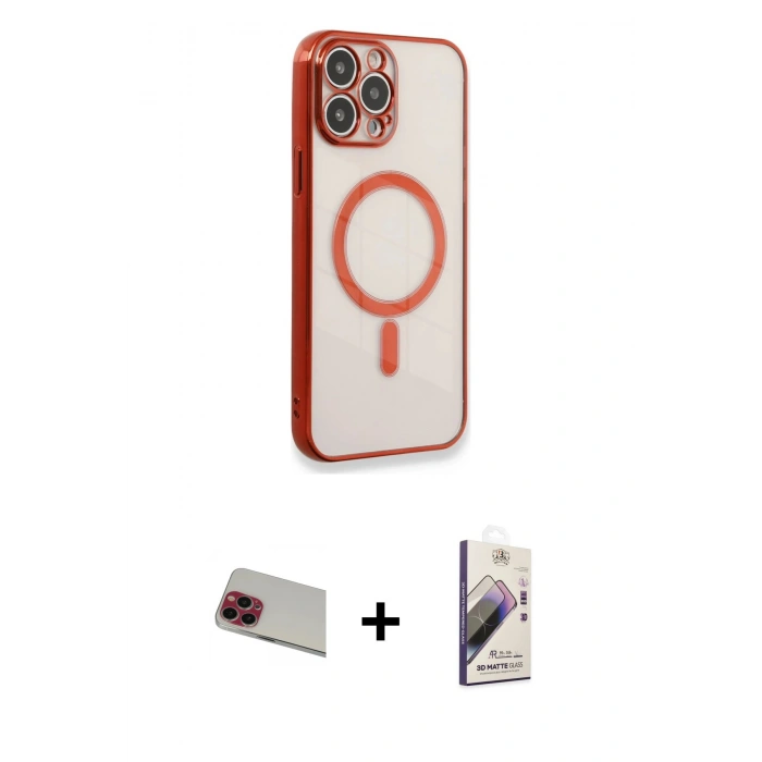 MARSİLYAN™- iPhone 13 Pro Max Kılıf Doruk Minimal - Siyah Bilvis 3D Mat Cam Ekran Koruyucu + Kırmızı Rainbow Kamera Lens Koruma Cam