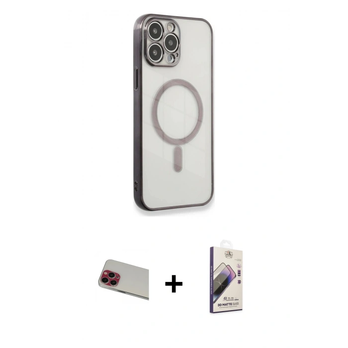 MARSİLYAN™- iPhone 13 Pro Max Kılıf Doruk Minimal - Siyah Bilvis 3D Mat Cam Ekran Koruyucu + Kırmızı Rainbow Kamera Lens Koruma Cam