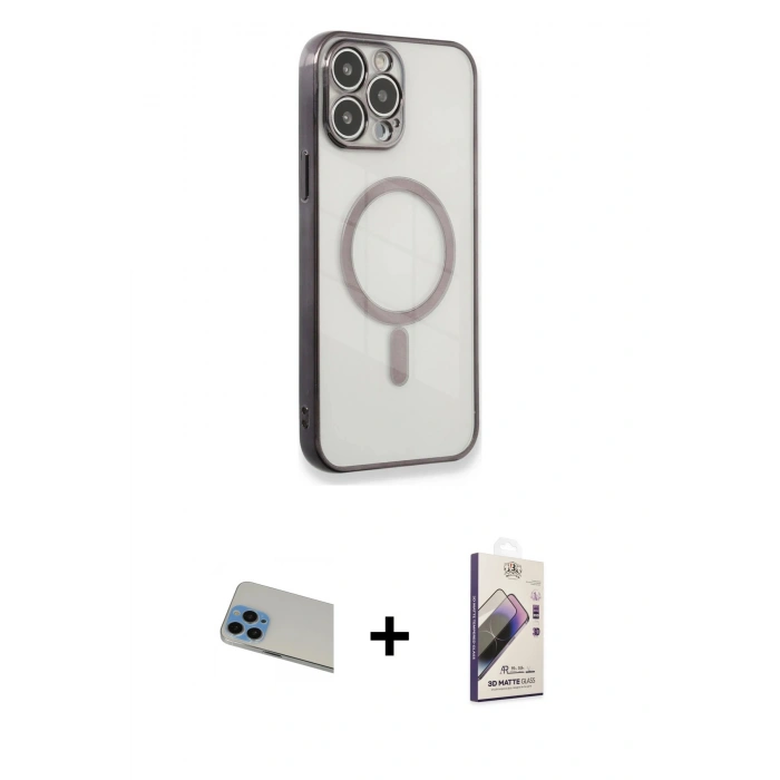 MARSİLYAN™- iPhone 13 Pro Max Kılıf Doruk Minimal - Siyah Bilvis 3D Mat Cam Ekran Koruyucu + Rainbow Kamera Lens Koruma Cam - MI