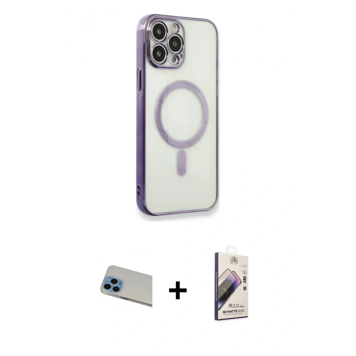 MARSİLYAN™- iPhone 13 Pro Max Kılıf Doruk Minimal - Siyah Bilvis 3D Mat Cam Ekran Koruyucu + Rainbow Kamera Lens Koruma Cam - MI