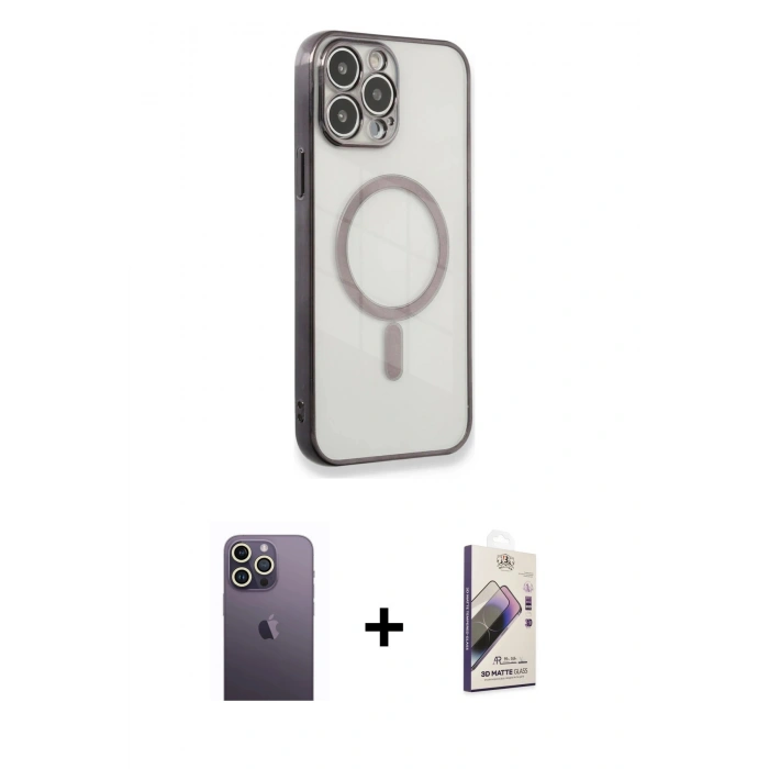 MARSİLYAN™- iPhone 13 Pro Max Kılıf Doruk Minimal - Siyah Bilvis 3D Mat Cam Ekran Koruyucu + Neon Fosforlu Kamera Lens - BZ