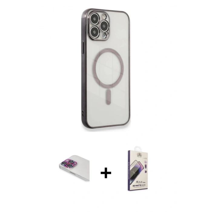 MARSİLYAN™- iPhone 13 Pro Max Kılıf Doruk Minimal - Siyah Bilvis 3D Mat Cam Ekran Koruyucu + Pers Alüminyum Kamera Lens - GI