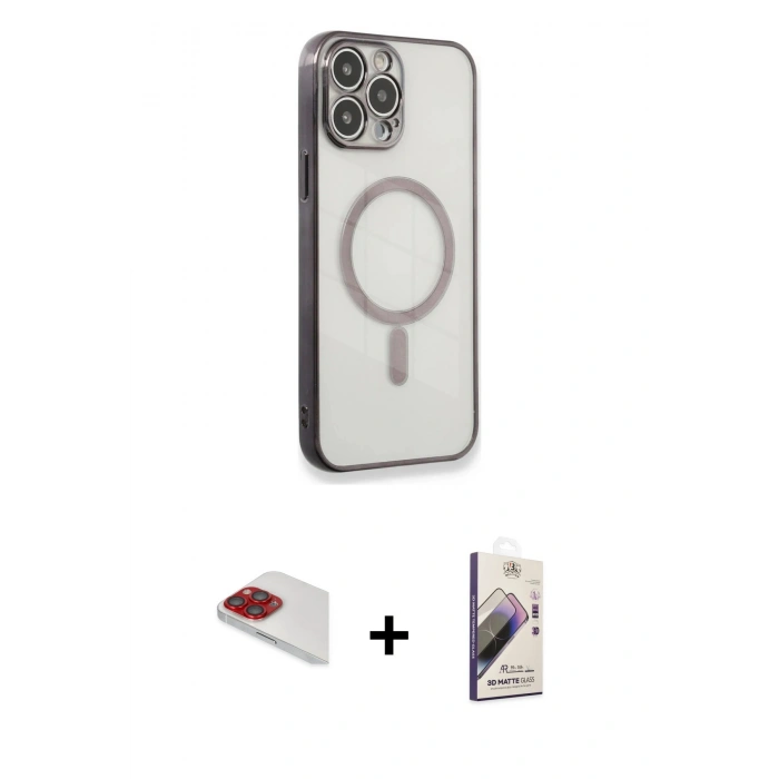 MARSİLYAN™- iPhone 13 Pro Max Kılıf Doruk Minimal - Siyah Bilvis 3D Mat Cam Ekran Koruyucu + Pers Alüminyum Kamera Lens - KI