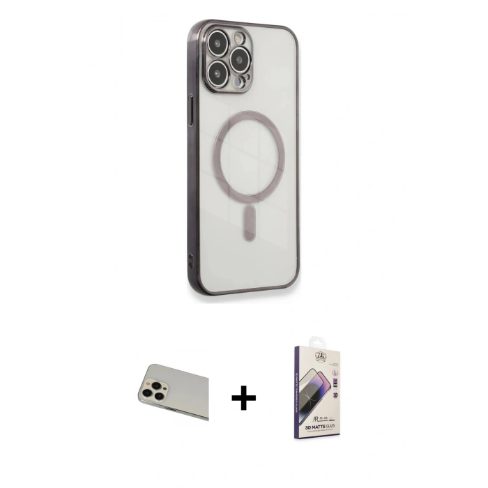 MARSİLYAN™- iPhone 13 Pro Max Kılıf Doruk Minimal - Siyah Bilvis 3D Mat Cam Ekran Koruyucu + Rainbow Kamera Lens Koruma Cam - REGD