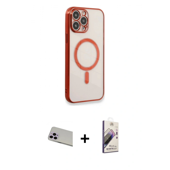 MARSİLYAN™- iPhone 13 Pro Max Kılıf Doruk Minimal - Siyah Bilvis 3D Mat Cam Ekran Koruyucu + Rainbow Kamera Lens Koruma Cam - MR