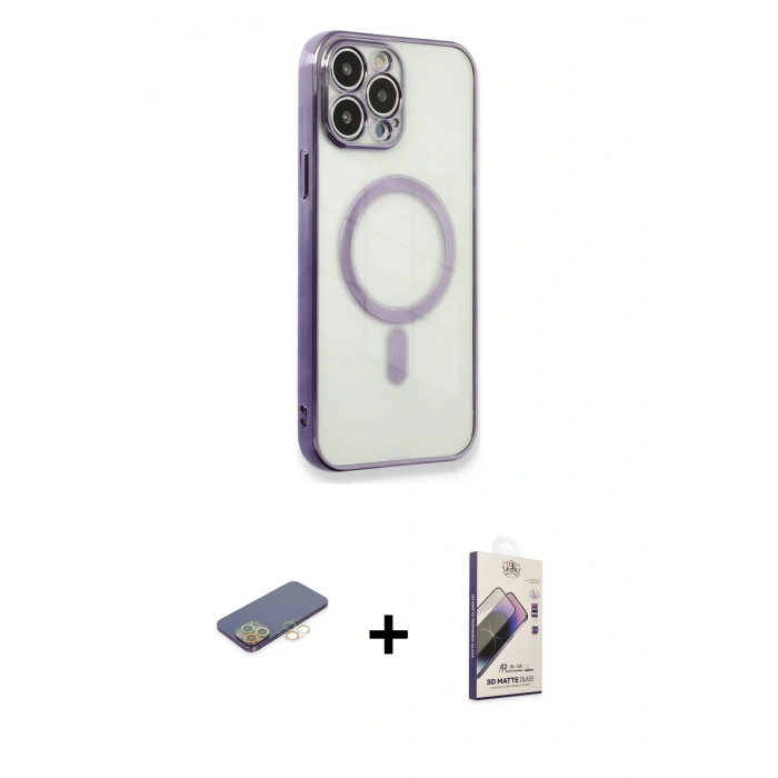 MARSİLYAN™- iPhone 13 Pro Max Kılıf Doruk Minimal - Siyah Bilvis 3D Mat Cam Ekran Koruyucu + Renkli Kamera Lens Koruma Cam - SI