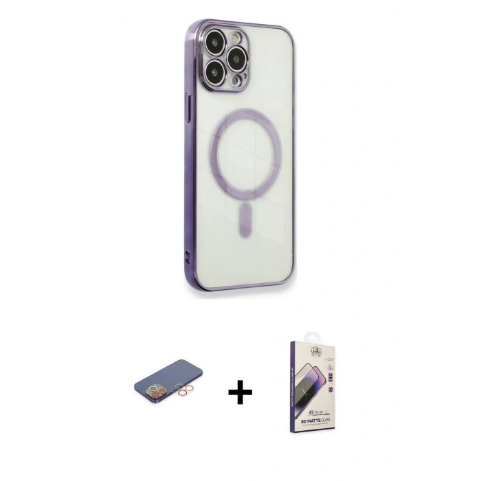 MARSİLYAN™- iPhone 13 Pro Max Kılıf Doruk Minimal - Siyah Bilvis 3D Mat Cam Ekran Koruyucu + Turuncu Renkli Kamera Lens Koruma Cam