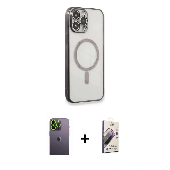 MARSİLYAN™- iPhone 13 Pro Max Kılıf Doruk Minimal - Siyah Bilvis 3D Mat Cam Ekran Koruyucu + Yeşil Neon Fosforlu Kamera Lens