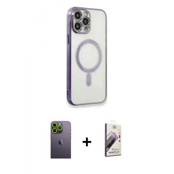 MARSİLYAN™- iPhone 13 Pro Max Kılıf Doruk Minimal - Siyah Bilvis 3D Mat Cam Ekran Koruyucu + Yeşil Neon Fosforlu Kamera Lens
