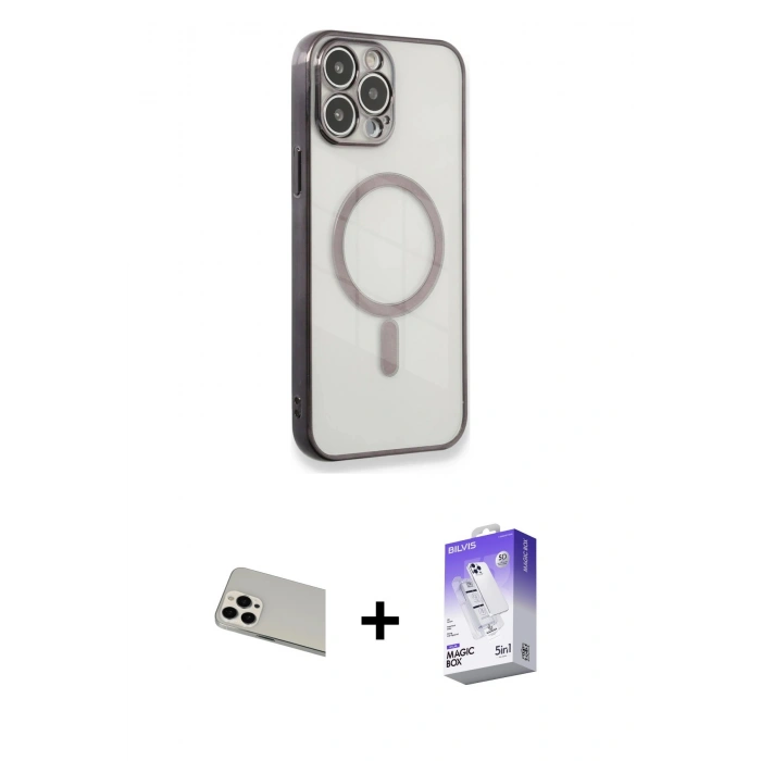 MARSİLYAN™- iPhone 13 Pro Max Kılıf Doruk Minimal - Siyah Bilvis 5in1 3D Magic Cam Ekran Koruyucu + Rainbow Kamera Lens Koruma Cam - BZ