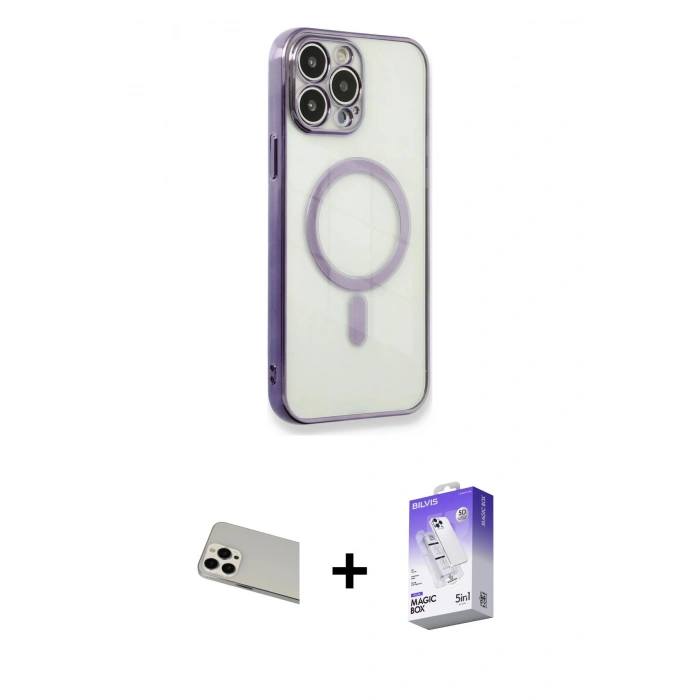 MARSİLYAN™- iPhone 13 Pro Max Kılıf Doruk Minimal - Siyah Bilvis 5in1 3D Magic Cam Ekran Koruyucu + Rainbow Kamera Lens Koruma Cam - BZ