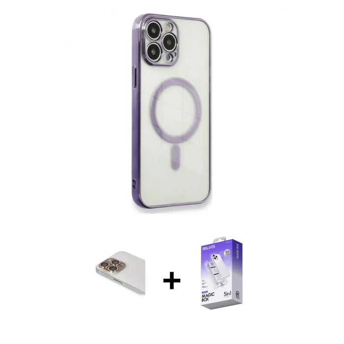 MARSİLYAN™- iPhone 13 Pro Max Kılıf Doruk Minimal - Siyah Bilvis 5in1 3D Magic Cam Ekran Koruyucu + Gold Pers Alüminyum Kamera Lens