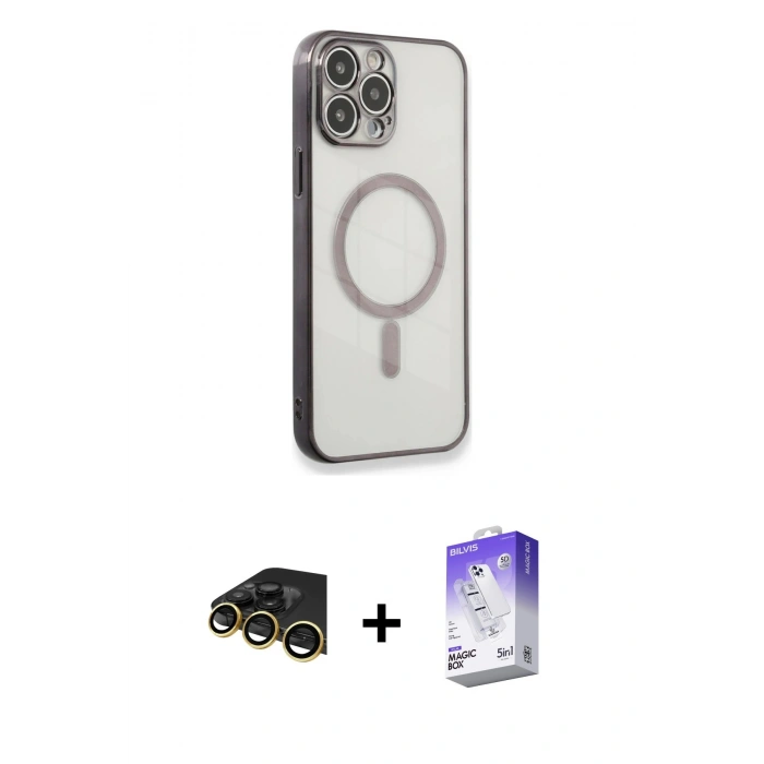 MARSİLYAN™- iPhone 13 Pro Max Kılıf Doruk Minimal - Siyah Bilvis 5in1 3D Magic Cam Ekran Koruyucu + Raze Metal Kamera Lens - GD
