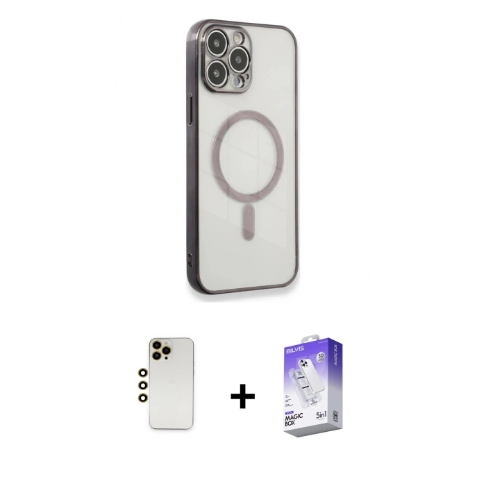 MARSİLYAN™- iPhone 13 Pro Max Kılıf Doruk Minimal - Siyah Bilvis 5in1 3D Magic Cam Ekran Koruyucu + Shine Kamera Lens - GD