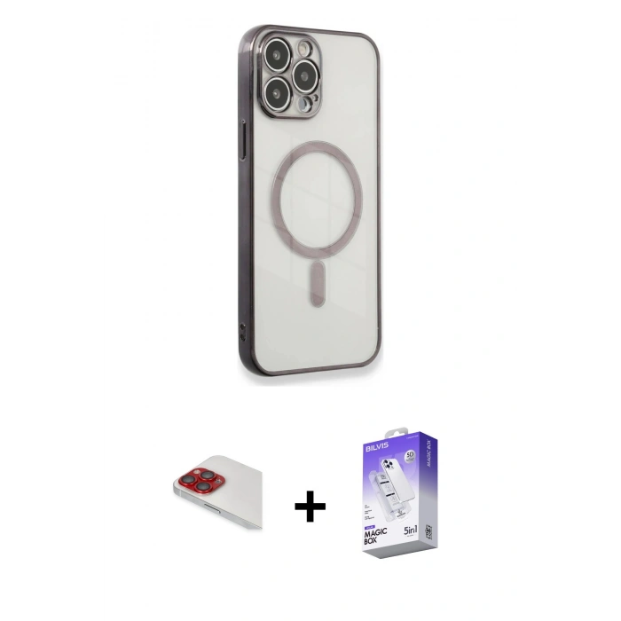 MARSİLYAN™- iPhone 13 Pro Max Kılıf Doruk Minimal - Siyah Bilvis 5in1 3D Magic Cam Ekran Koruyucu + Pers Alüminyum Kamera Lens - KI