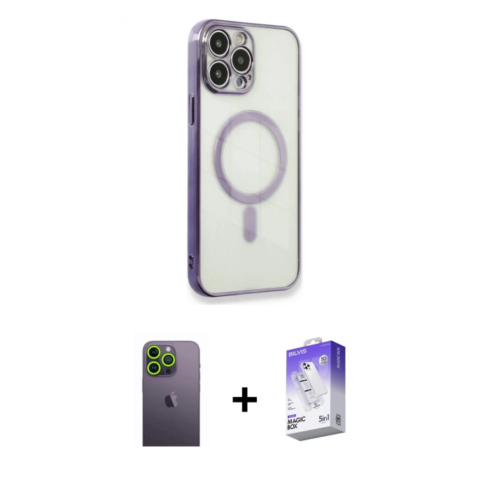 MARSİLYAN™- iPhone 13 Pro Max Kılıf Doruk Minimal - Siyah Bilvis 5in1 3D Magic Cam Ekran Koruyucu + Neon Fosforlu Kamera Lens - YL