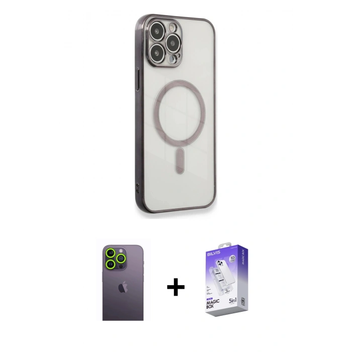 MARSİLYAN™- iPhone 13 Pro Max Kılıf Doruk Minimal - Siyah Bilvis 5in1 3D Magic Cam Ekran Koruyucu + Neon Fosforlu Kamera Lens - YL