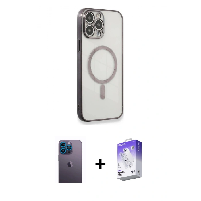 MARSİLYAN™- iPhone 13 Pro Max Kılıf Doruk Minimal - Siyah Bilvis 5in1 3D Magic Cam Ekran Koruyucu + Neon Fosforlu Kamera Lens - MI