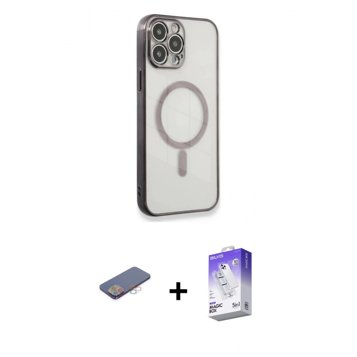 MARSİLYAN™- iPhone 13 Pro Max Kılıf Doruk Minimal - Siyah Bilvis 5in1 3D Magic Cam Ekran Koruyucu + Renkli Kamera Lens Koruma Cam - PE