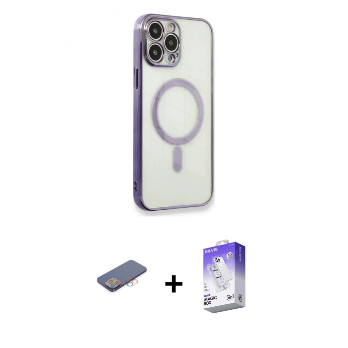 MARSİLYAN™- iPhone 13 Pro Max Kılıf Doruk Minimal - Siyah Bilvis 5in1 3D Magic Cam Ekran Koruyucu + Renkli Kamera Lens Koruma Cam - PE