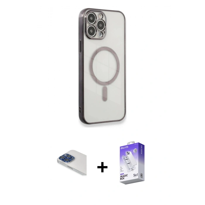 MARSİLYAN™- iPhone 13 Pro Max Kılıf Doruk Minimal - Siyah Bilvis 5in1 3D Magic Cam Ekran Koruyucu + Pers Alüminyum Kamera Lens - LT