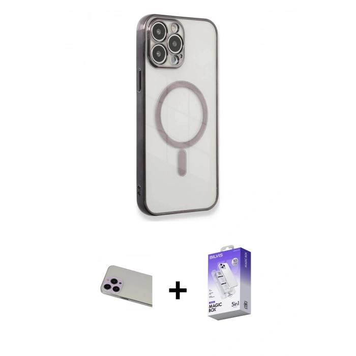 MARSİLYAN™- iPhone 13 Pro Max Kılıf Doruk Minimal - Siyah Bilvis 5in1 3D Magic Cam Ekran Koruyucu + Rainbow Kamera Lens Koruma Cam - MR