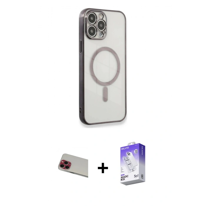 MARSİLYAN™- iPhone 13 Pro Max Kılıf Doruk Minimal - Siyah Bilvis 5in1 3D Magic Cam Ekran Koruyucu + Rainbow Kamera Lens Koruma Cam - KI