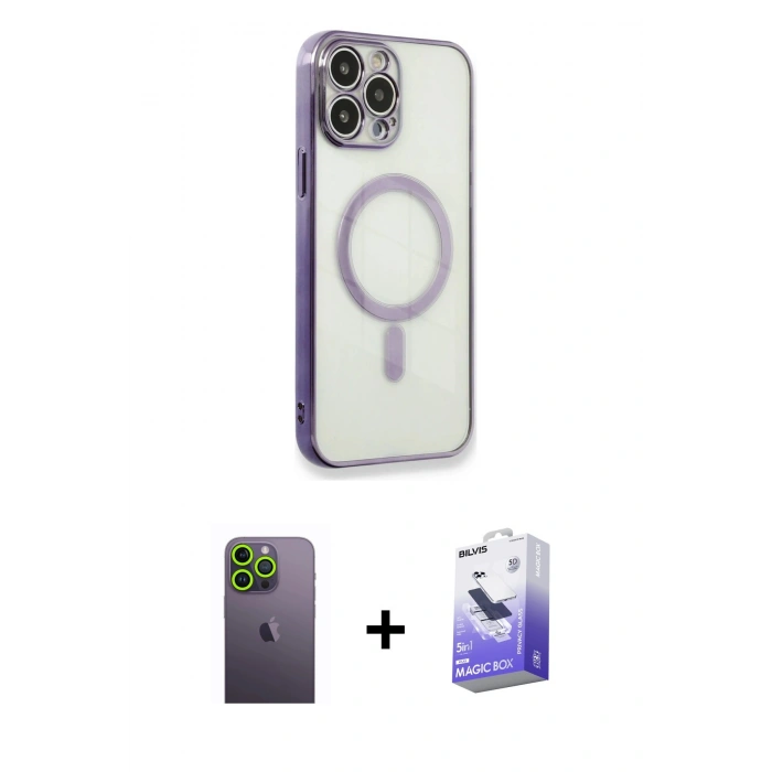 MARSİLYAN™- iPhone 13 Pro Max Kılıf Doruk Minimal - Siyah Bilvis 5in1 5D Magic Hayalet Cam Ekran Koruyucu + Neon Fosforlu Kamera Lens - YL