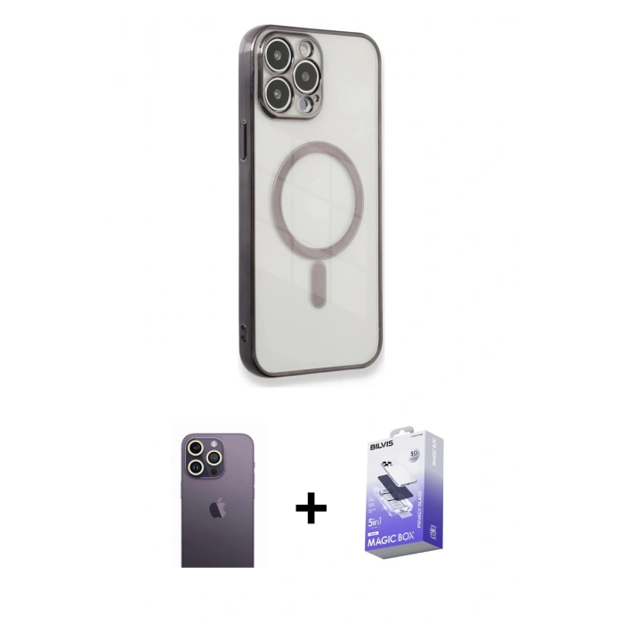MARSİLYAN™- iPhone 13 Pro Max Kılıf Doruk Minimal - Siyah Bilvis 5in1 5D Magic Hayalet Cam Ekran Koruyucu + Neon Fosforlu Kamera Lens - BZ