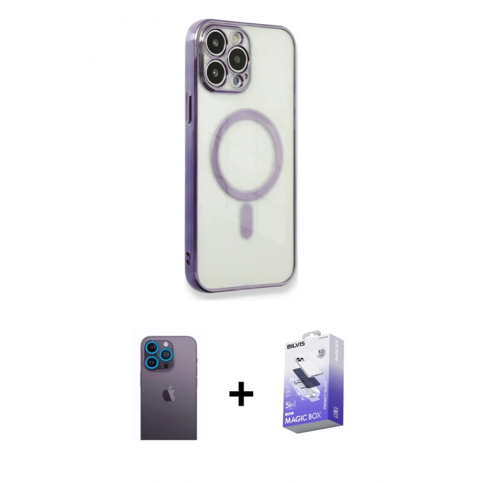 MARSİLYAN™- iPhone 13 Pro Max Kılıf Doruk Minimal - Siyah Bilvis 5in1 5D Magic Hayalet Cam Ekran Koruyucu + Neon Fosforlu Kamera Lens - MI