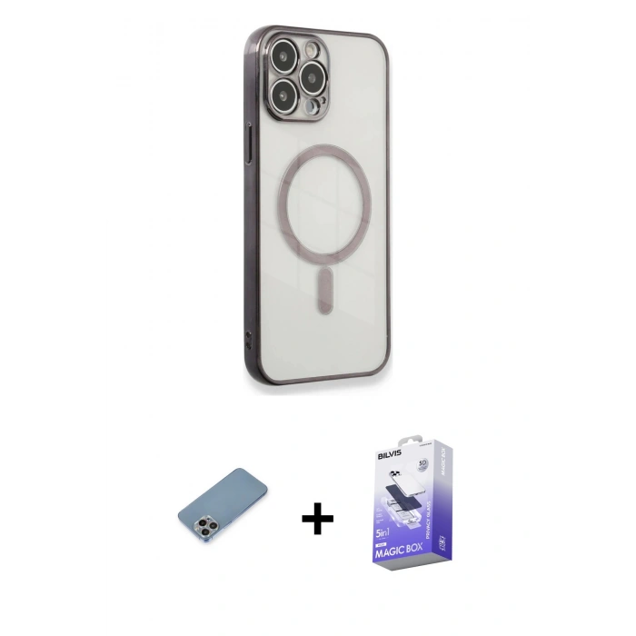 MARSİLYAN™- iPhone 13 Pro Max Kılıf Doruk Minimal - Siyah Bilvis 5in1 5D Magic Hayalet Cam Ekran Koruyucu + Shine Kamera Lens Koruma Cam - GI