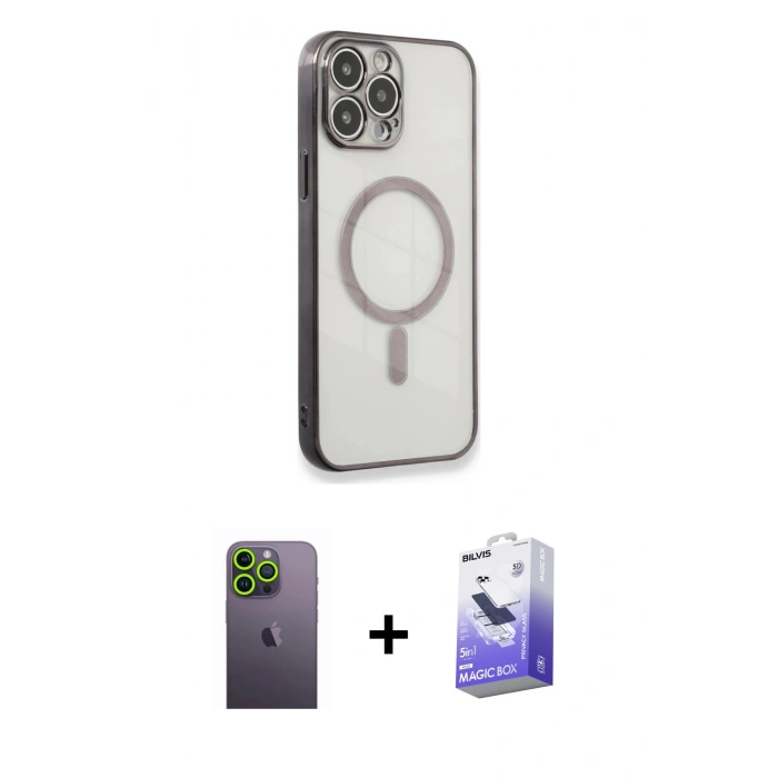 MARSİLYAN™- iPhone 13 Pro Max Kılıf Doruk Minimal - Siyah Bilvis 5in1 5D Magic Hayalet Cam Ekran Koruyucu + Neon Fosforlu Kamera Lens - YL