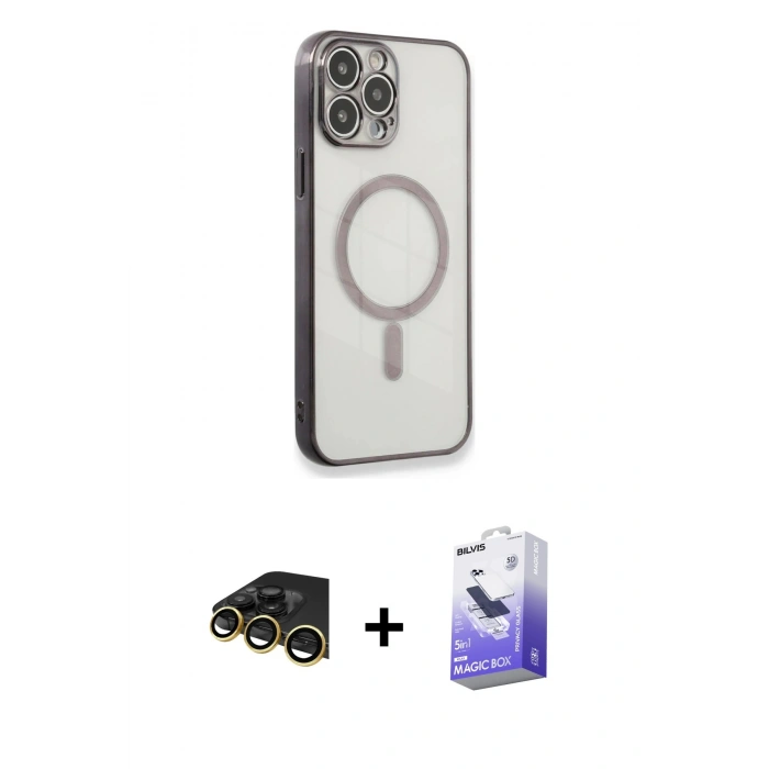 MARSİLYAN™- iPhone 13 Pro Max Kılıf Doruk Minimal - Siyah Bilvis 5in1 5D Magic Hayalet Cam Ekran Koruyucu + Gold Raze Metal Kamera Lens