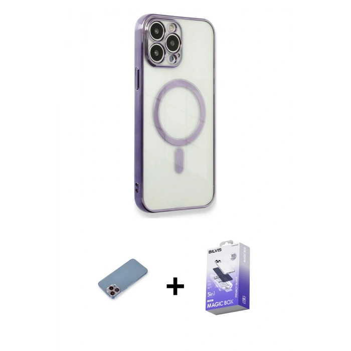 MARSİLYAN™- iPhone 13 Pro Max Kılıf Doruk Minimal - Siyah Bilvis 5in1 5D Magic Hayalet Cam Ekran Koruyucu + Shine Kamera Lens Koruma Cam - PE