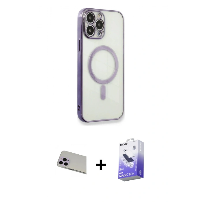 MARSİLYAN™- iPhone 13 Pro Max Kılıf Doruk Minimal - Siyah Bilvis 5in1 5D Magic Hayalet Cam Ekran Koruyucu + Mor Rainbow Kamera Lens Koruma Cam