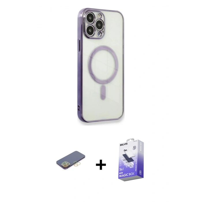 MARSİLYAN™- iPhone 13 Pro Max Kılıf Doruk Minimal - Siyah Bilvis 5in1 5D Magic Hayalet Cam Ekran Koruyucu + Renkli Kamera Lens Koruma Cam - SI