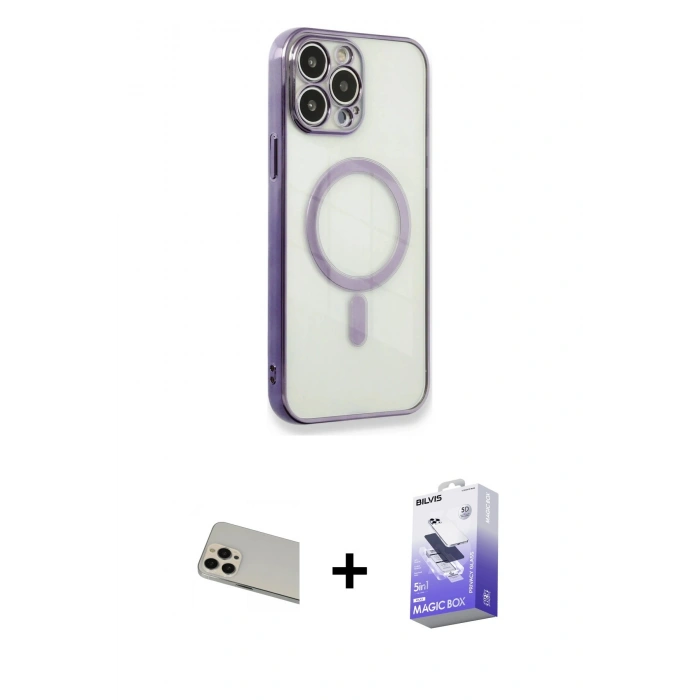 MARSİLYAN™- iPhone 13 Pro Max Kılıf Doruk Minimal - Siyah Bilvis 5in1 5D Magic Hayalet Cam Ekran Koruyucu + Rainbow Kamera Lens Koruma Cam - REGD