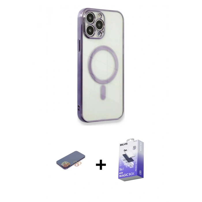 MARSİLYAN™- iPhone 13 Pro Max Kılıf Doruk Minimal - Siyah Bilvis 5in1 5D Magic Hayalet Cam Ekran Koruyucu + Renkli Kamera Lens Koruma Cam - TU