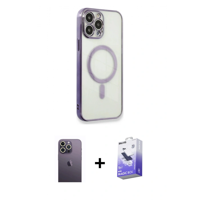 MARSİLYAN™- iPhone 13 Pro Max Kılıf Doruk Minimal - Siyah Bilvis 5in1 5D Magic Hayalet Cam Ekran Koruyucu + Neon Fosforlu Kamera Lens - BZ