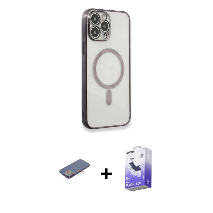 MARSİLYAN™- iPhone 13 Pro Max Kılıf Doruk Minimal - Siyah Bilvis 5in1 5D Magic Hayalet Cam Ekran Koruyucu + Renkli Kamera Lens Koruma Cam - PE