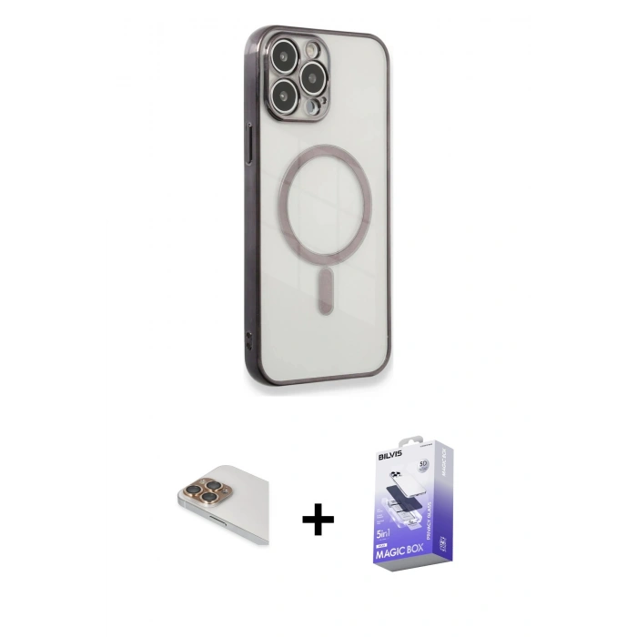 MARSİLYAN™- iPhone 13 Pro Max Kılıf Doruk Minimal - Siyah Bilvis 5in1 5D Magic Hayalet Cam Ekran Koruyucu + Pers Alüminyum Kamera Lens - GD