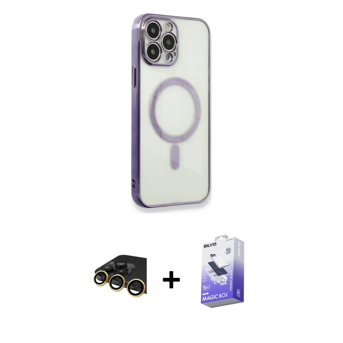 MARSİLYAN™- iPhone 13 Pro Max Kılıf Doruk Minimal - Siyah Bilvis 5in1 5D Magic Hayalet Cam Ekran Koruyucu + Gold Raze Metal Kamera Lens