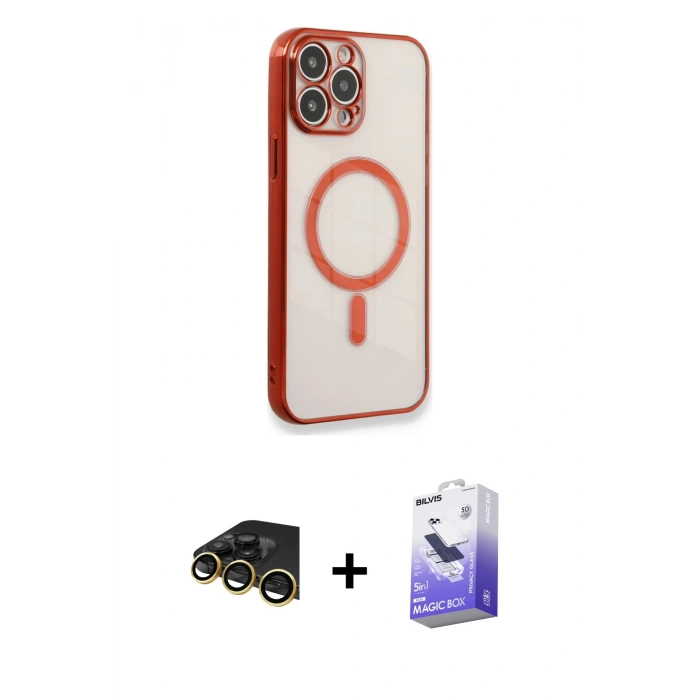 MARSİLYAN™- iPhone 13 Pro Max Kılıf Doruk Minimal - Siyah Bilvis 5in1 5D Magic Hayalet Cam Ekran Koruyucu + Gold Raze Metal Kamera Lens