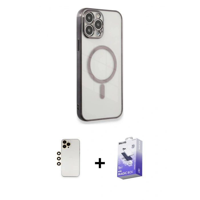 MARSİLYAN™- iPhone 13 Pro Max Kılıf Doruk Minimal - Siyah Bilvis 5in1 5D Magic Hayalet Cam Ekran Koruyucu + Shine Kamera Lens - GD