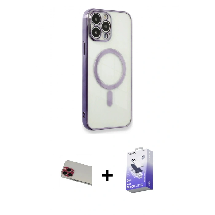 MARSİLYAN™- iPhone 13 Pro Max Kılıf Doruk Minimal - Siyah Bilvis 5in1 5D Magic Hayalet Cam Ekran Koruyucu + Rainbow Kamera Lens Koruma Cam - KI