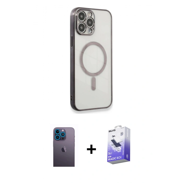 MARSİLYAN™- iPhone 13 Pro Max Kılıf Doruk Minimal - Siyah Bilvis 5in1 5D Magic Hayalet Cam Ekran Koruyucu + Neon Fosforlu Kamera Lens - MI